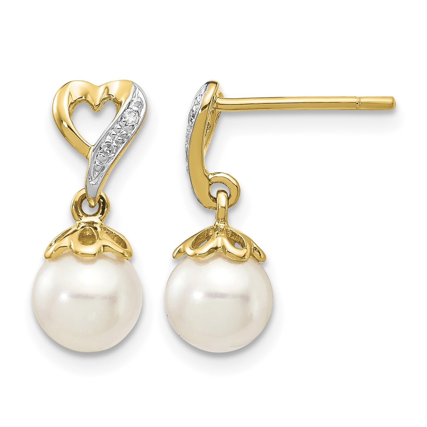 14k 6-7mm White Round Freshwater Cultured Pearl and .01 carat Diamond Heart Dangle Post Earrings