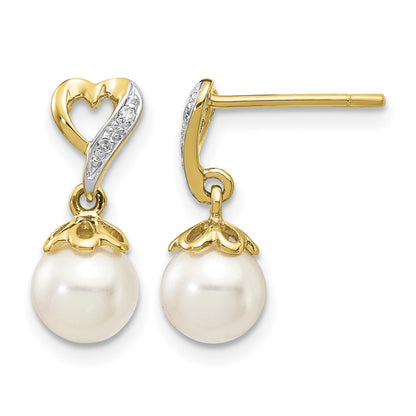 14k 6-7mm White Round Freshwater Cultured Pearl and .01 carat Diamond Heart Dangle Post Earrings