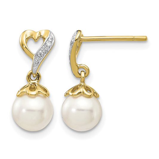 14k 6-7mm White Round Freshwater Cultured Pearl and .01 carat Diamond Heart Dangle Post Earrings