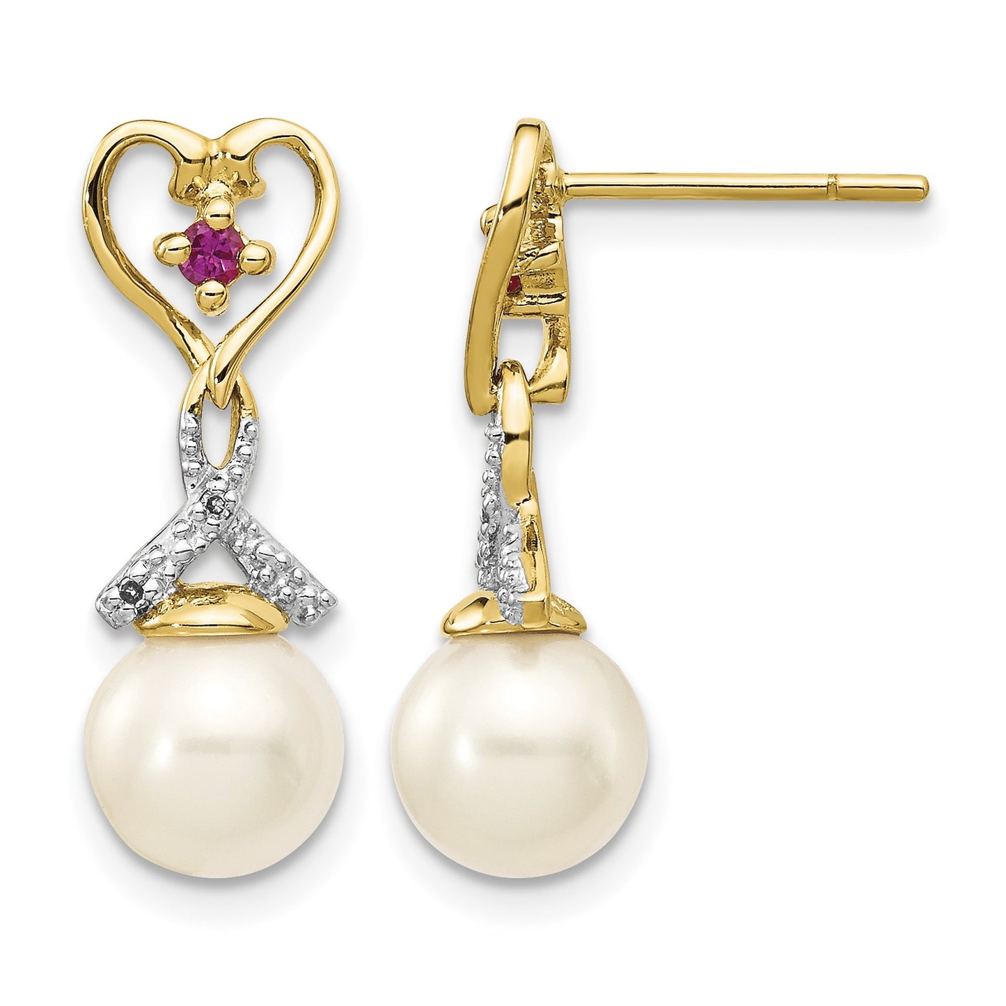 14k 7-8mm White Round Freshwater Cultured Pearl/Lab Created Ruby/.01 carat Diamond Heart Dangle Post Earrings