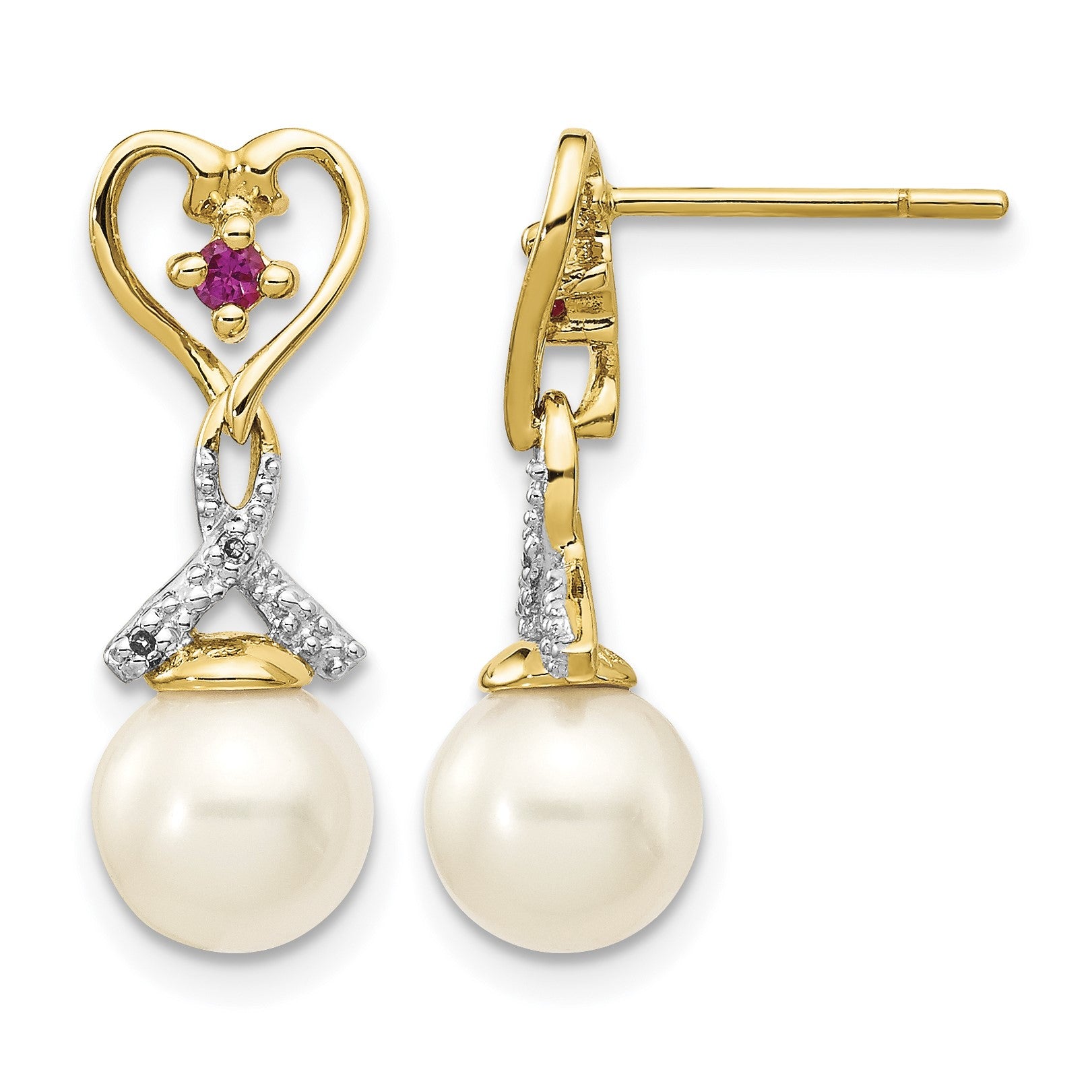 14k 7-8mm White Round Freshwater Cultured Pearl/Lab Created Ruby/.01 carat Diamond Heart Dangle Post Earrings