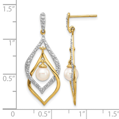 14k 5-6mm White Round Freshwater Cultured Pearl and .02 carat Diamond Dangle Post Earrings