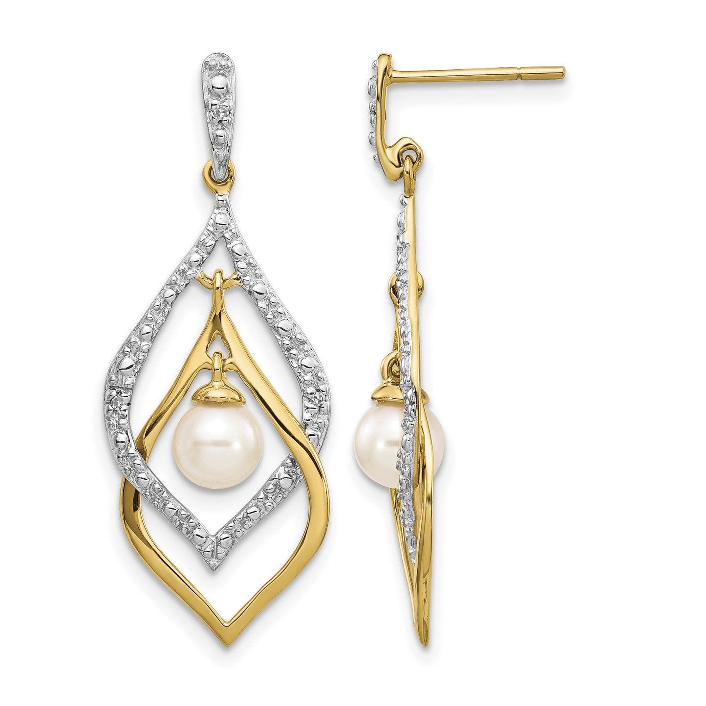 14k 5-6mm White Round Freshwater Cultured Pearl and .02 carat Diamond Dangle Post Earrings