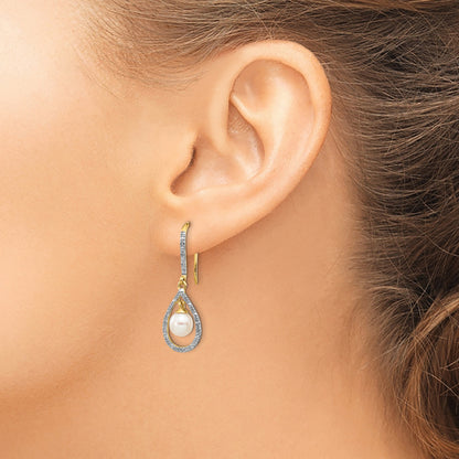 14k 6-7mm White Round Freshwater Cultured Pearl and .02 carat Diamond Shepherd Hook Dangle Earrings