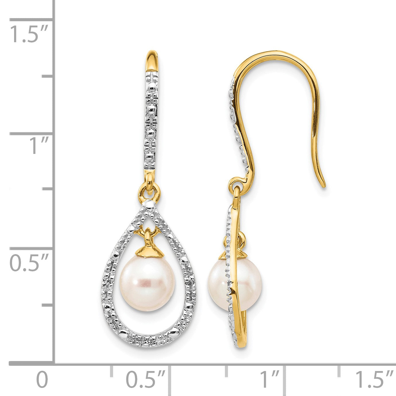 14k 6-7mm White Round Freshwater Cultured Pearl and .02 carat Diamond Shepherd Hook Dangle Earrings