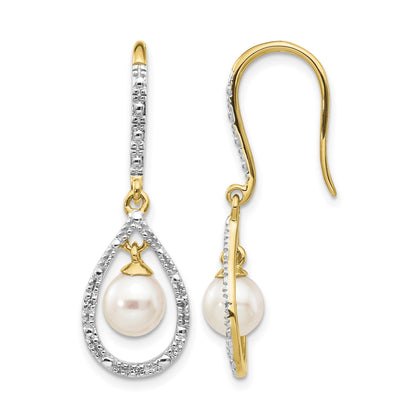 14k 6-7mm White Round Freshwater Cultured Pearl and .02 carat Diamond Shepherd Hook Dangle Earrings