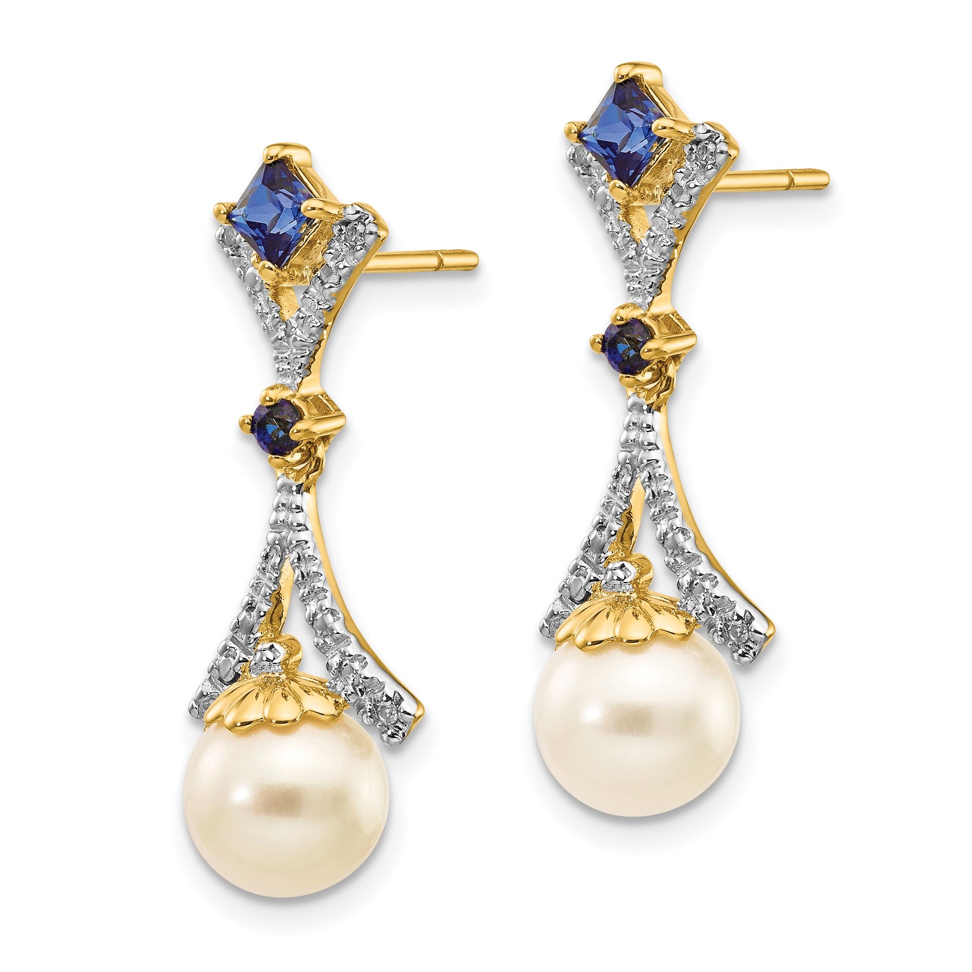14k 7-8mm White Round Freshwater Cultured Pearl/Lab Created Sapphire/.03 carat Diamond Dangle Post Earrings
