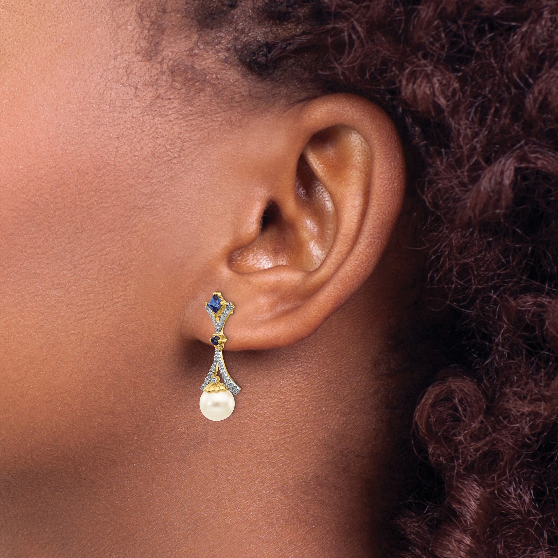 14k 7-8mm White Round Freshwater Cultured Pearl/Lab Created Sapphire/.03 carat Diamond Dangle Post Earrings