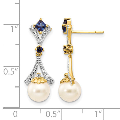 14k 7-8mm White Round Freshwater Cultured Pearl/Lab Created Sapphire/.03 carat Diamond Dangle Post Earrings