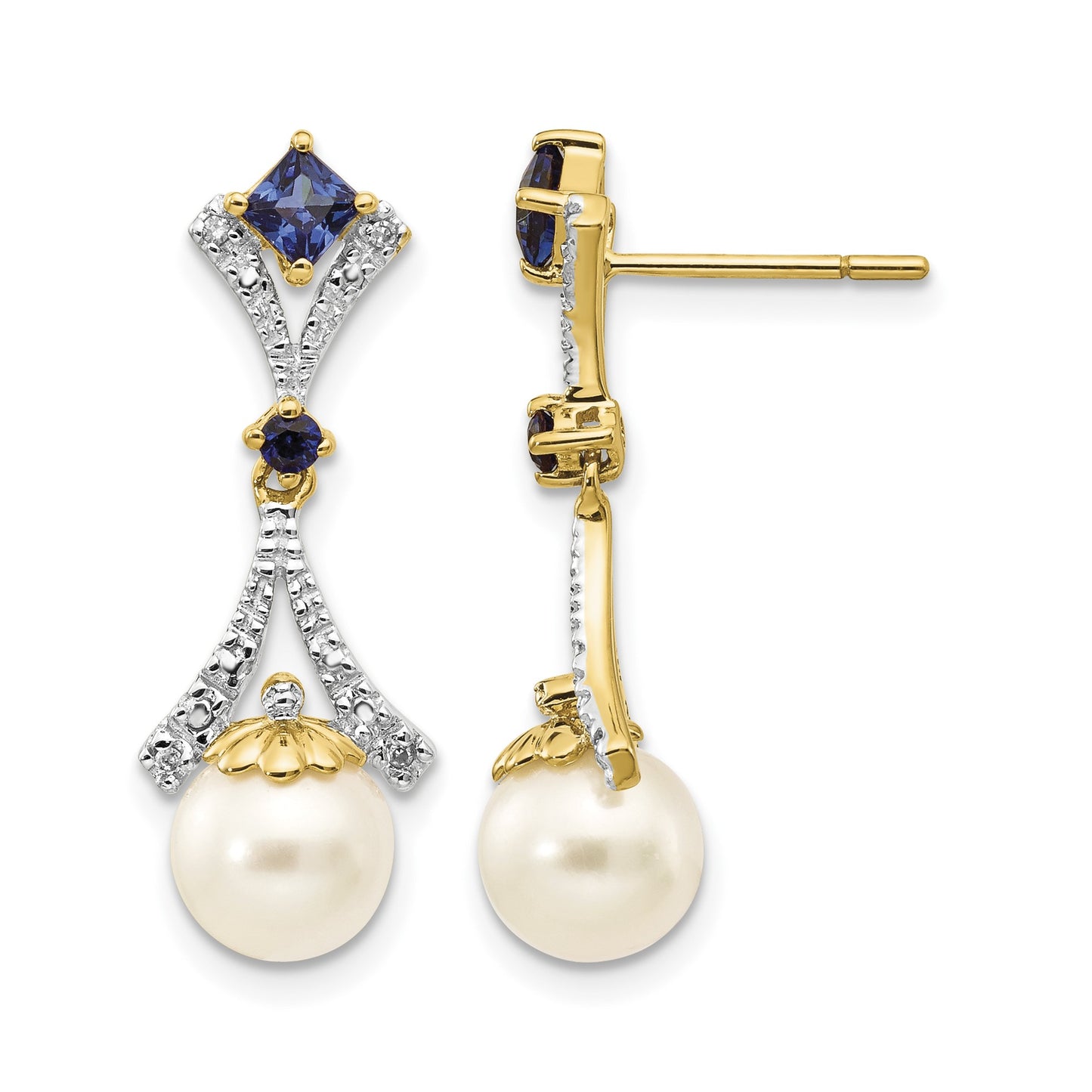 14k 7-8mm White Round Freshwater Cultured Pearl/Lab Created Sapphire/.03 carat Diamond Dangle Post Earrings