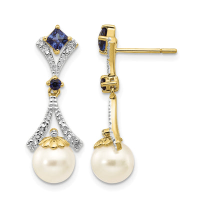 14k 7-8mm White Round Freshwater Cultured Pearl/Lab Created Sapphire/.03 carat Diamond Dangle Post Earrings