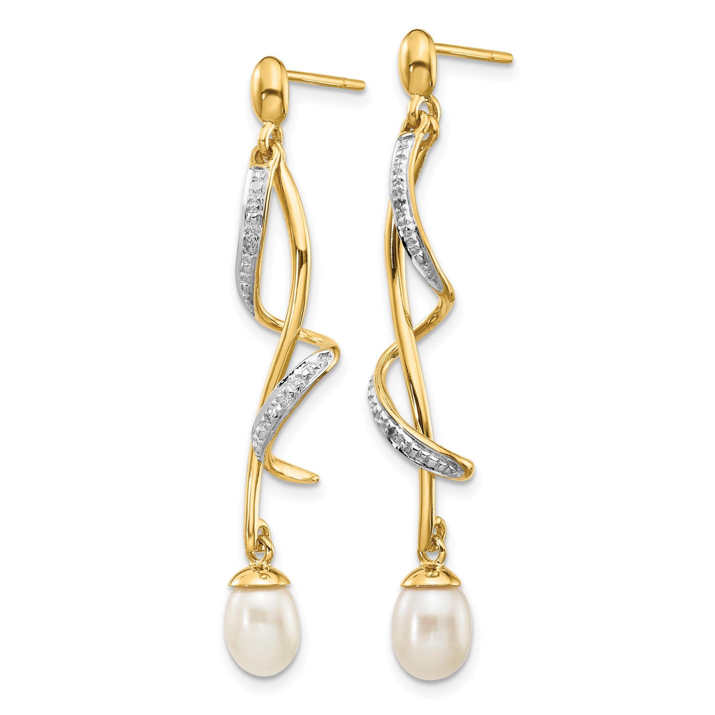 14k 7x5mm White Teardrop Freshwater Cultured Pearl and .01 carat Diamond Dangle Post Earrings