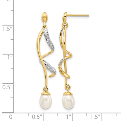 14k 7x5mm White Teardrop Freshwater Cultured Pearl and .01 carat Diamond Dangle Post Earrings