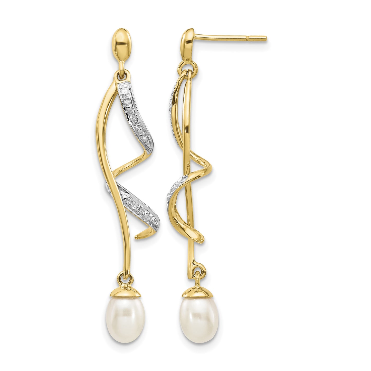 14k 7x5mm White Teardrop Freshwater Cultured Pearl and .01 carat Diamond Dangle Post Earrings