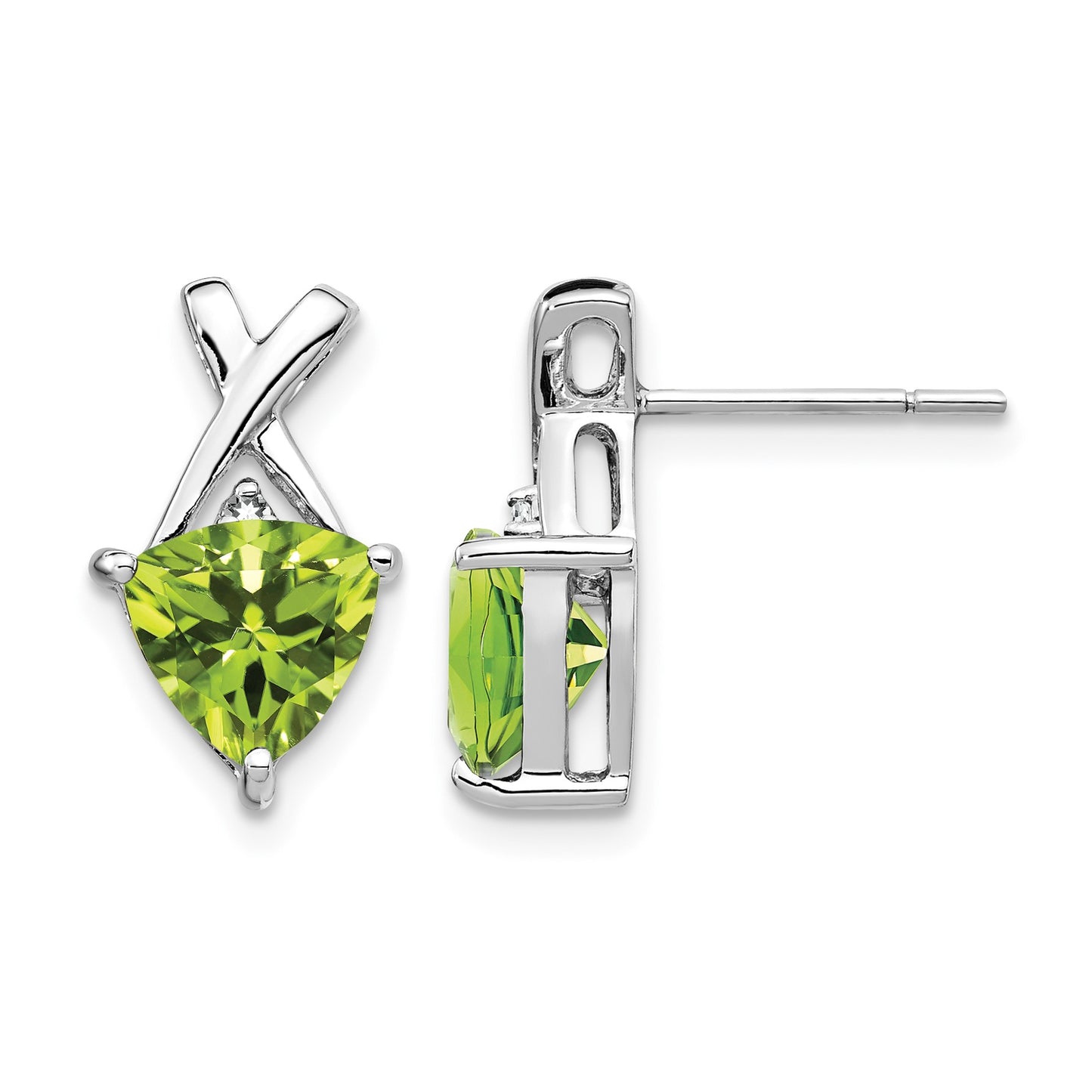 14k White Gold 7mm Trillion Peridot and White Topaz -X- Post Earrings