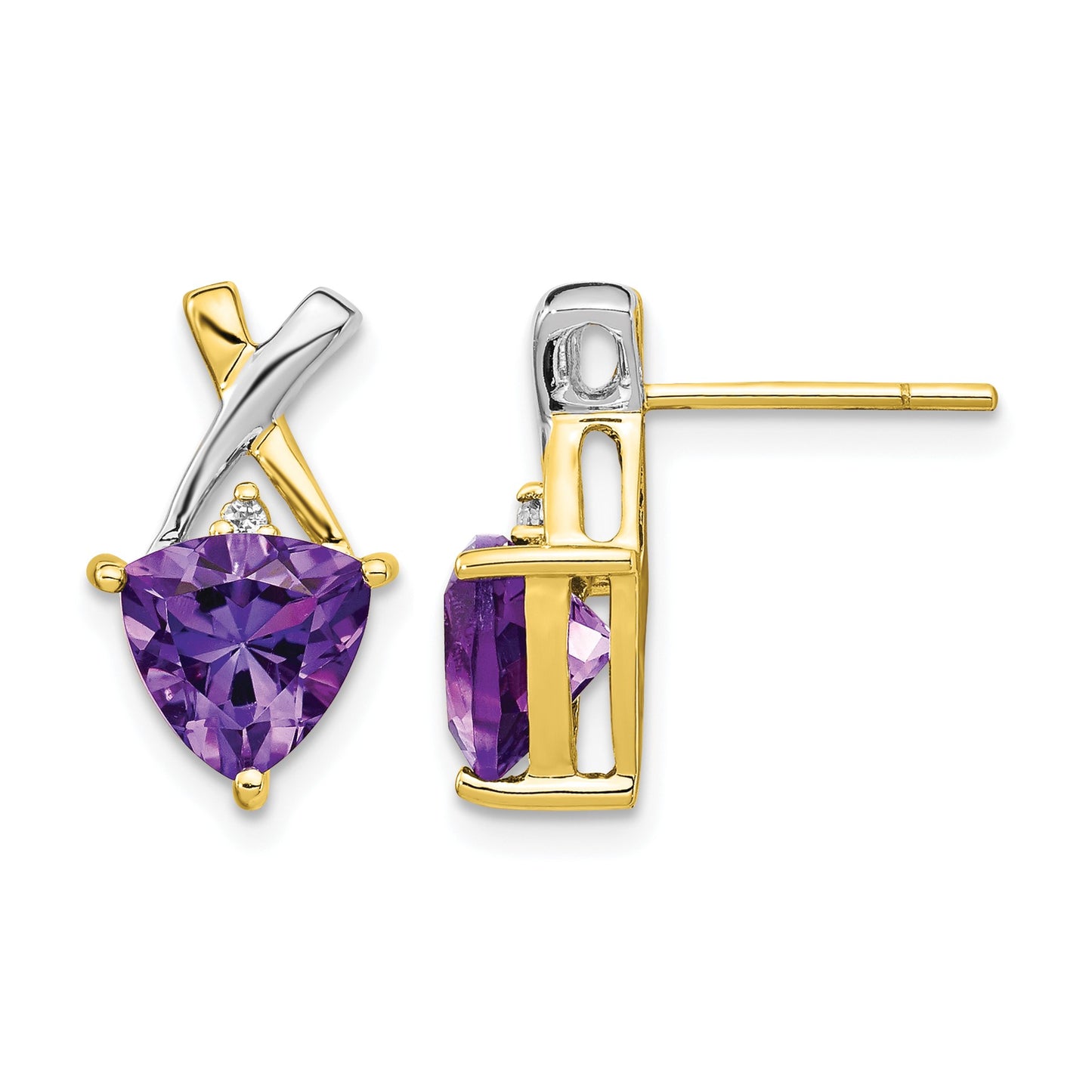 14k and White Rhodium 7mm Trillion Amethyst and White Topaz -X- Post Earrings