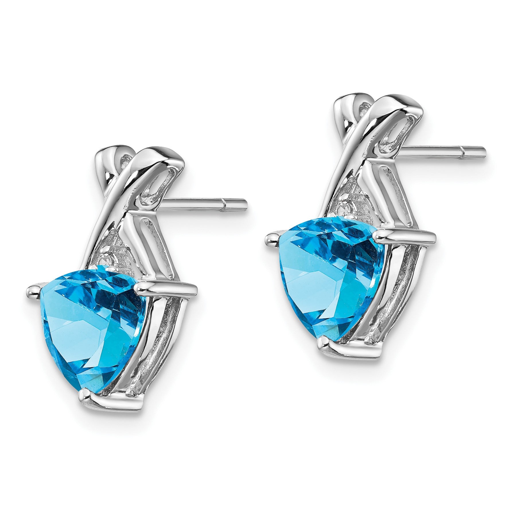 14k White Gold 7mm Trillion Blue Topaz and White Topaz -X- Post Earrings