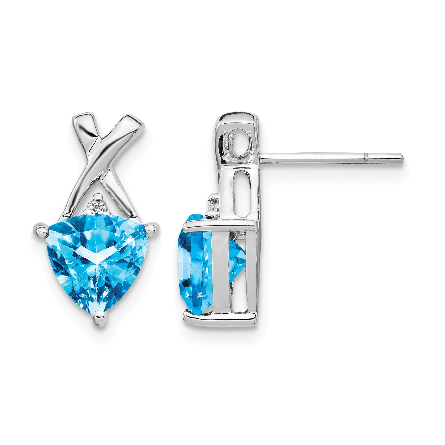 14k White Gold 7mm Trillion Blue Topaz and White Topaz -X- Post Earrings