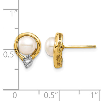 14k 5-6mm White Button Freshwater Cultured Pearl and .02 Carat Diamond Post Earrings
