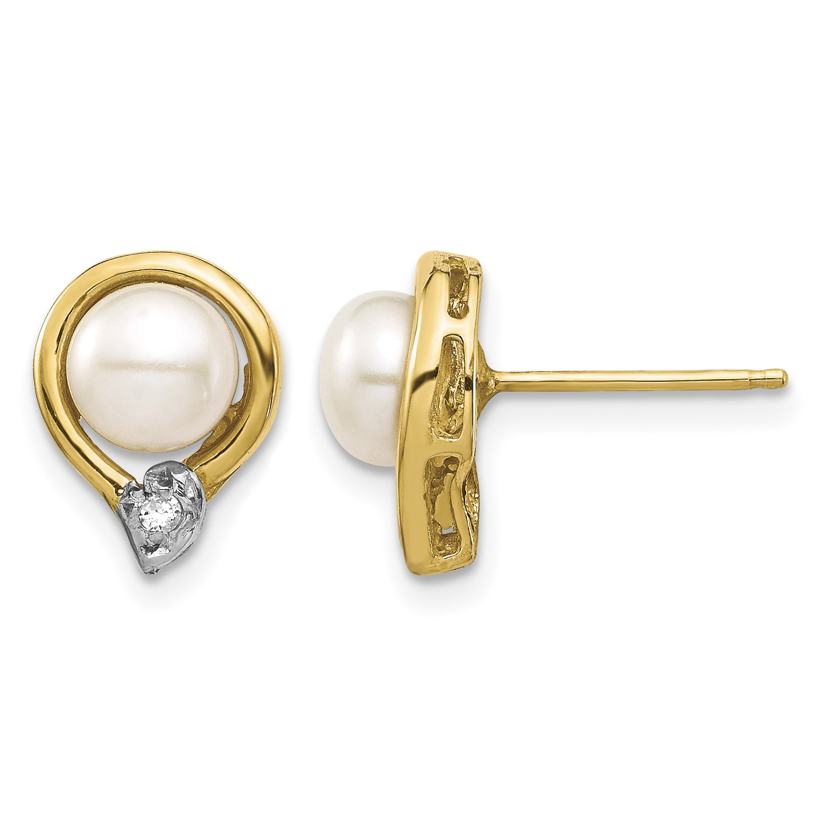 14k 5-6mm White Button Freshwater Cultured Pearl and .02 Carat Diamond Post Earrings