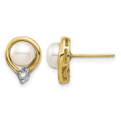 14k 5-6mm White Button Freshwater Cultured Pearl and .02 Carat Diamond Post Earrings