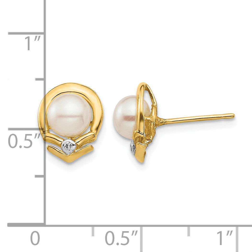 14k 5-6mm White Button Freshwater Cultured Pearl and .02 Carat Diamond Post Earrings