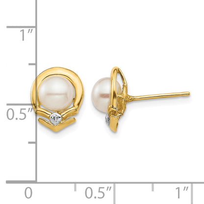 14k 5-6mm White Button Freshwater Cultured Pearl and .02 Carat Diamond Post Earrings