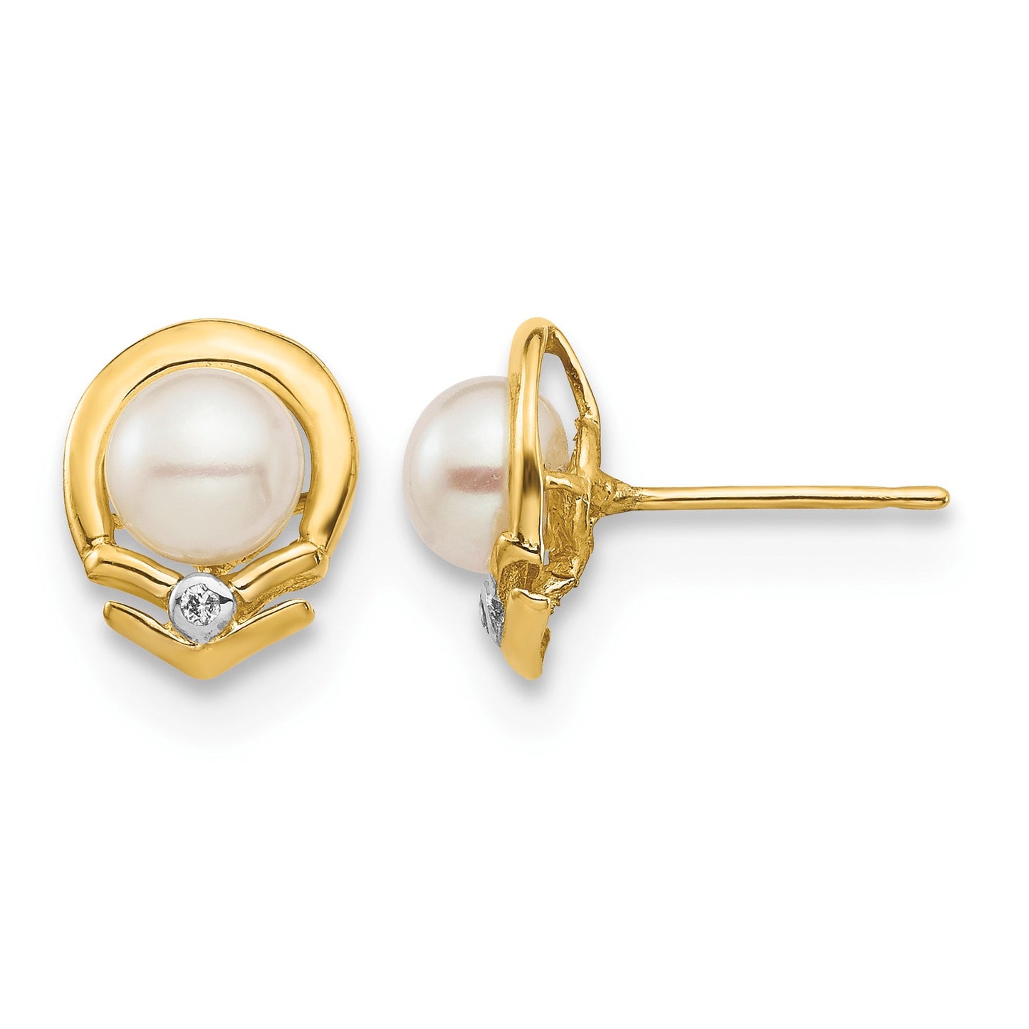 14k 5-6mm White Button Freshwater Cultured Pearl and .02 Carat Diamond Post Earrings