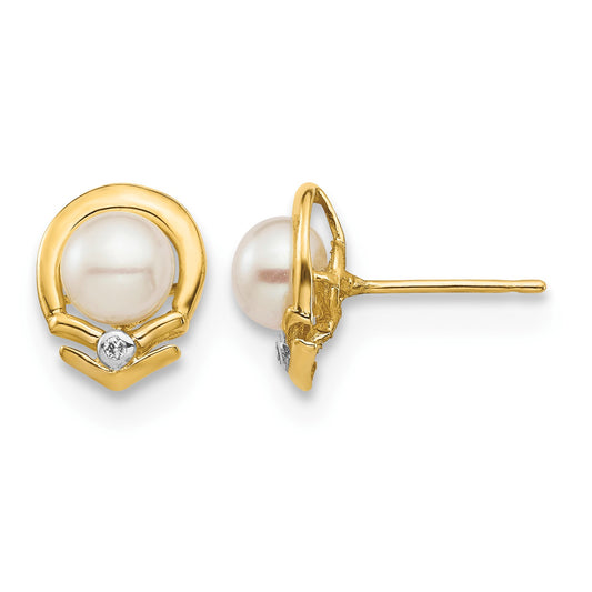 14k 5-6mm White Button Freshwater Cultured Pearl and .02 Carat Diamond Post Earrings