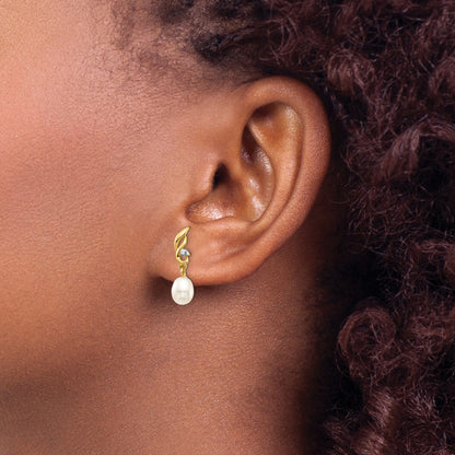 14k 5-6mm White Rice Freshwater Cultured Pearl and .02 Carat Diamond Post Dangle Earrings