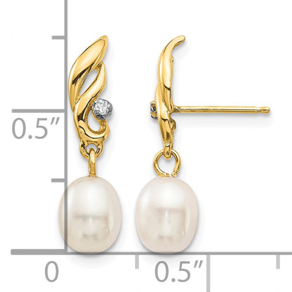 14k 5-6mm White Rice Freshwater Cultured Pearl and .02 Carat Diamond Post Dangle Earrings