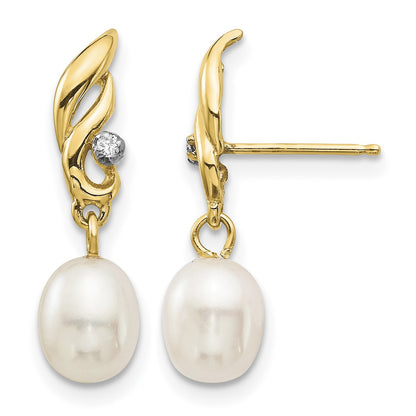 14k 5-6mm White Rice Freshwater Cultured Pearl and .02 Carat Diamond Post Dangle Earrings