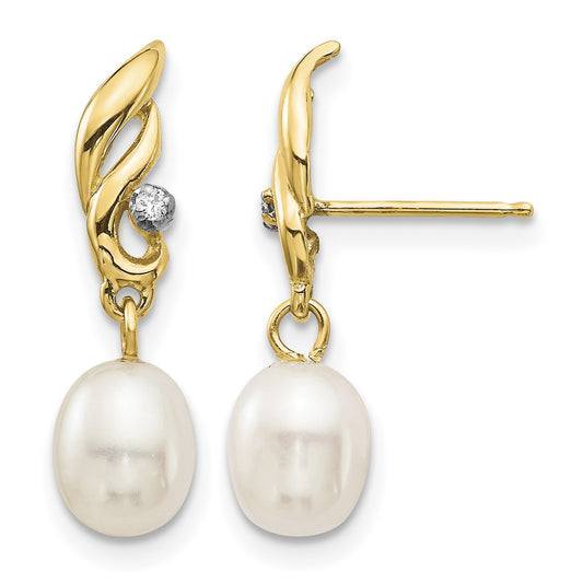 14k 5-6mm White Rice Freshwater Cultured Pearl and .02 Carat Diamond Post Dangle Earrings