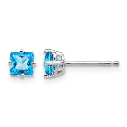 14k White Gold 4mm Princess-cut Blue Topaz Post Earrings