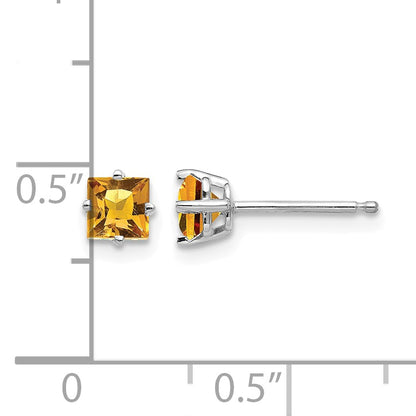 14k White Gold 4mm Princess-cut Citrine Post Earrings