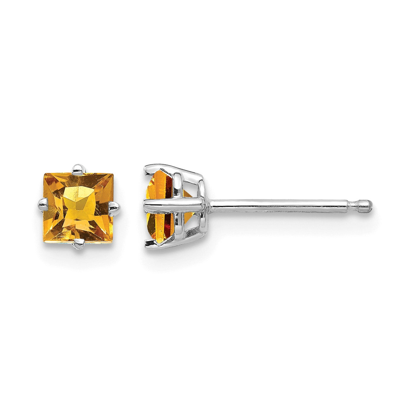 14k White Gold 4mm Princess-cut Citrine Post Earrings