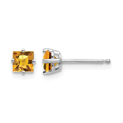 14k White Gold 4mm Princess-cut Citrine Post Earrings