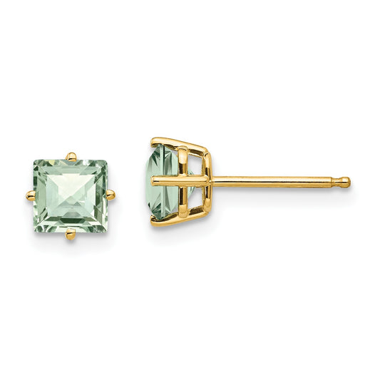 14k 5mm  Square Checker-Cut Green Quartz Post Earrings