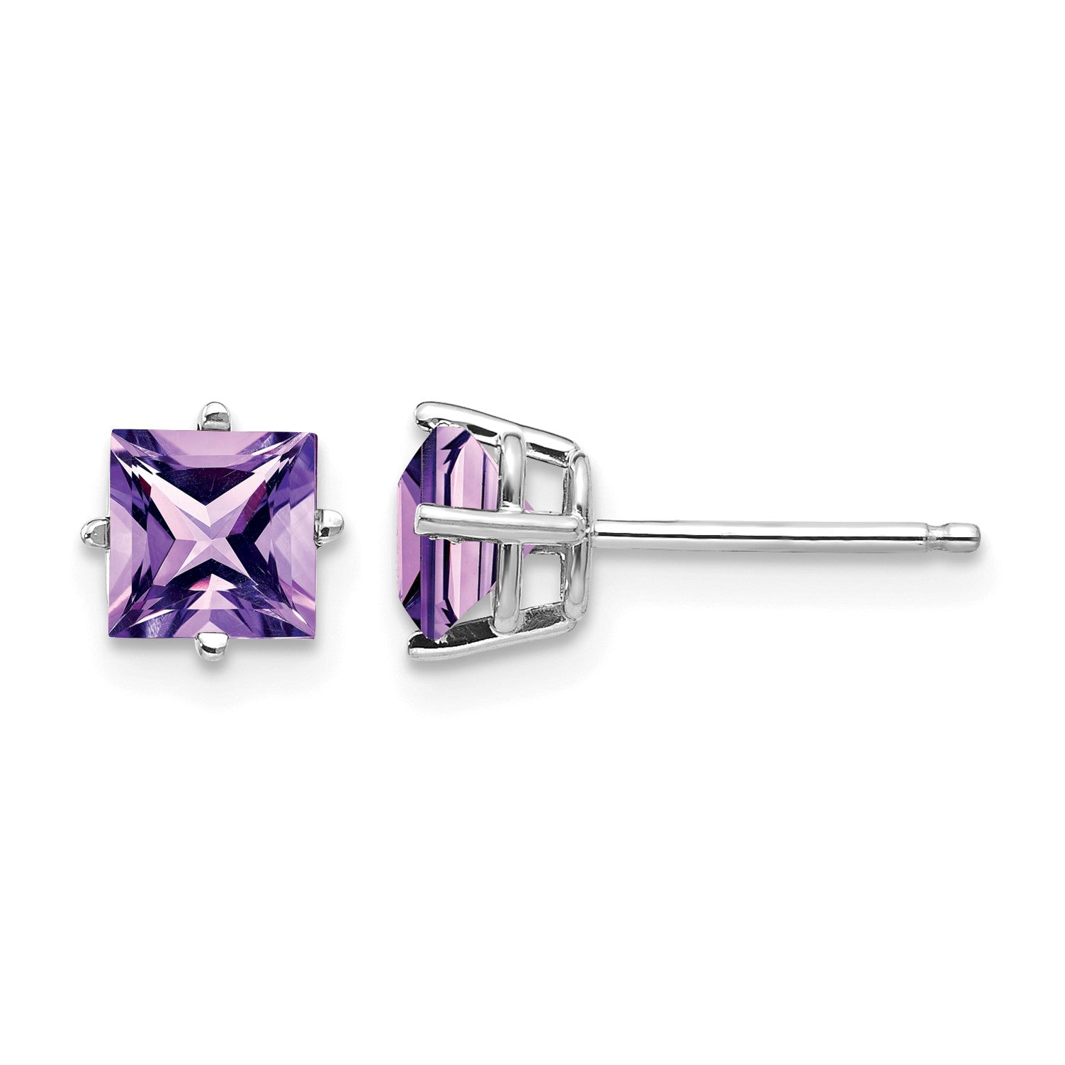 14k White Gold 5mm Princess-cut Amethyst Post Earrings