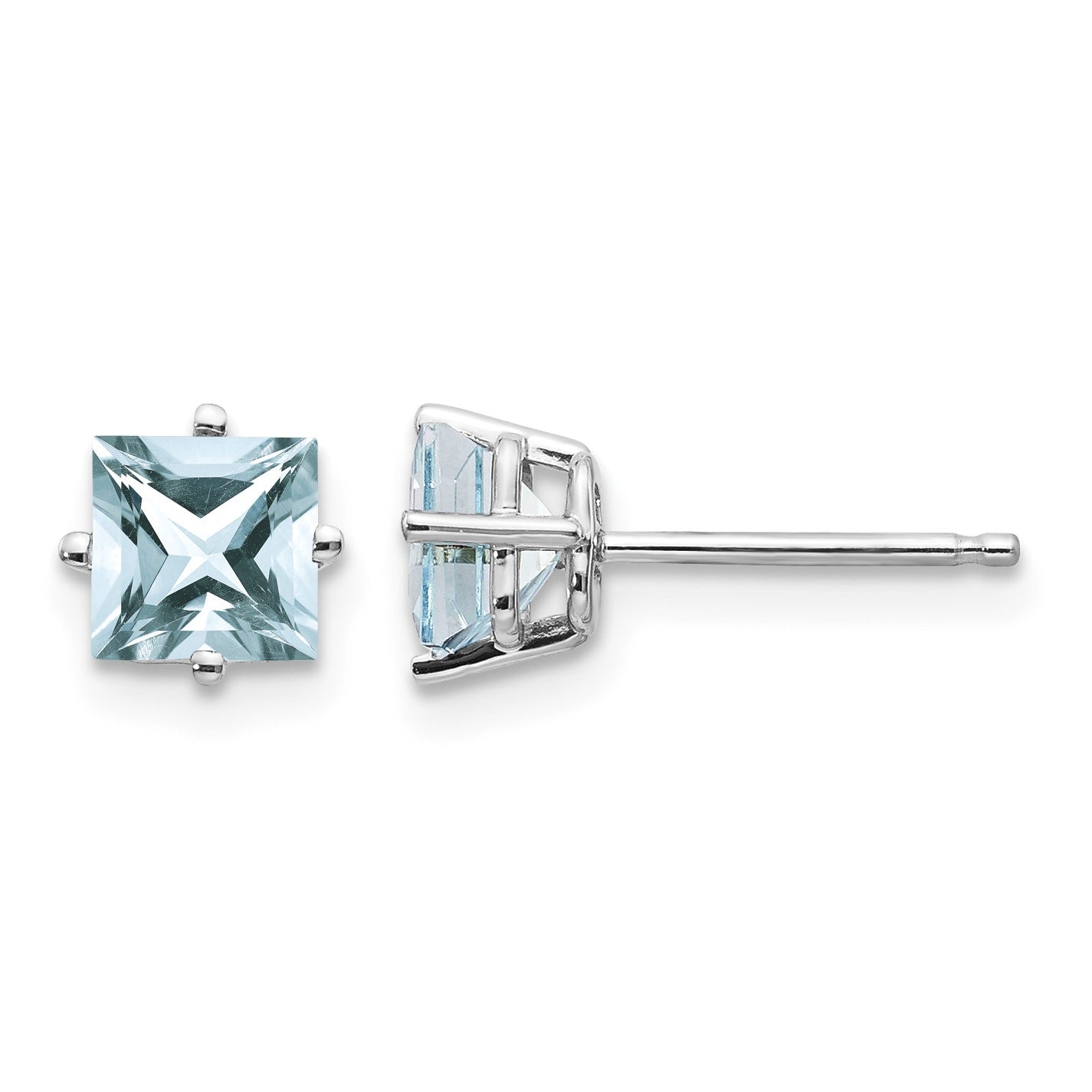 14k White Gold 5mm Princess Aquamarine Post Earrings
