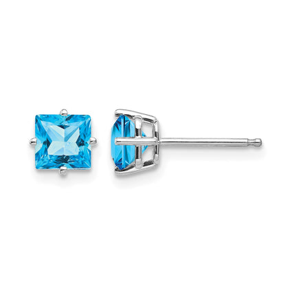 14k White Gold 5mm Princess-cut Blue Topaz Post Earrings