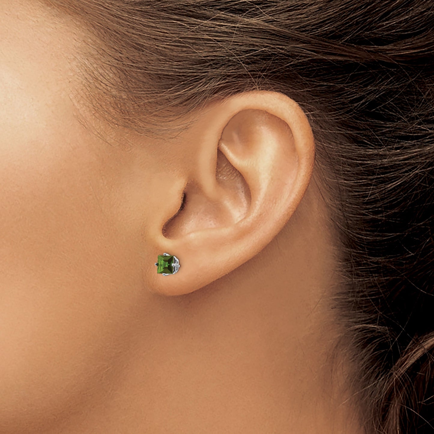 14k White Gold 5mm Princess Green Tourmaline Post Earrings