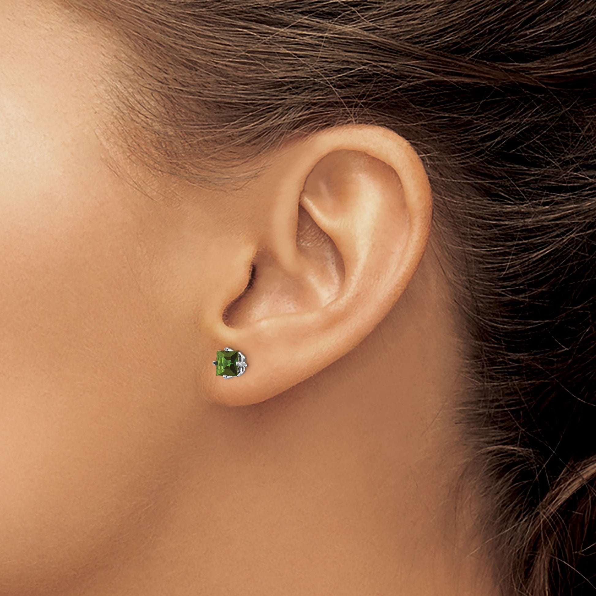 14k White Gold 5mm Princess Green Tourmaline Post Earrings