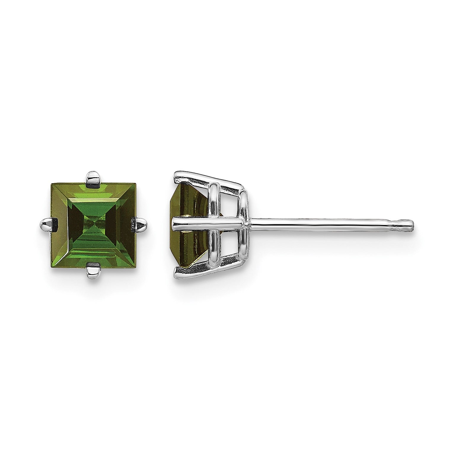 14k White Gold 5mm Princess Green Tourmaline Post Earrings