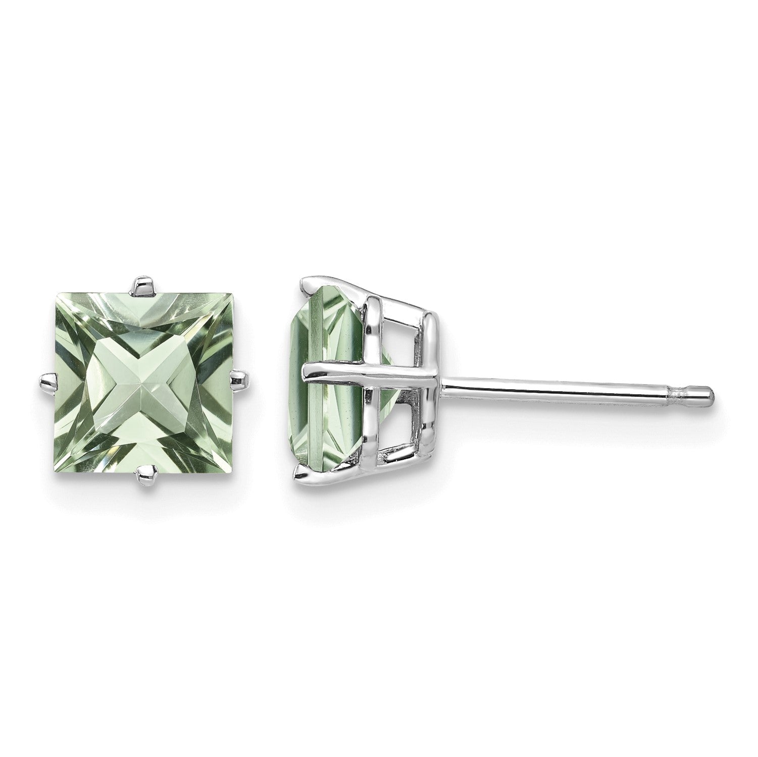 14k White Gold 6mm Square Green Quartz Post Earrings