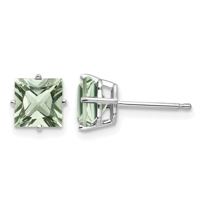14k White Gold 6mm Square Green Quartz Post Earrings