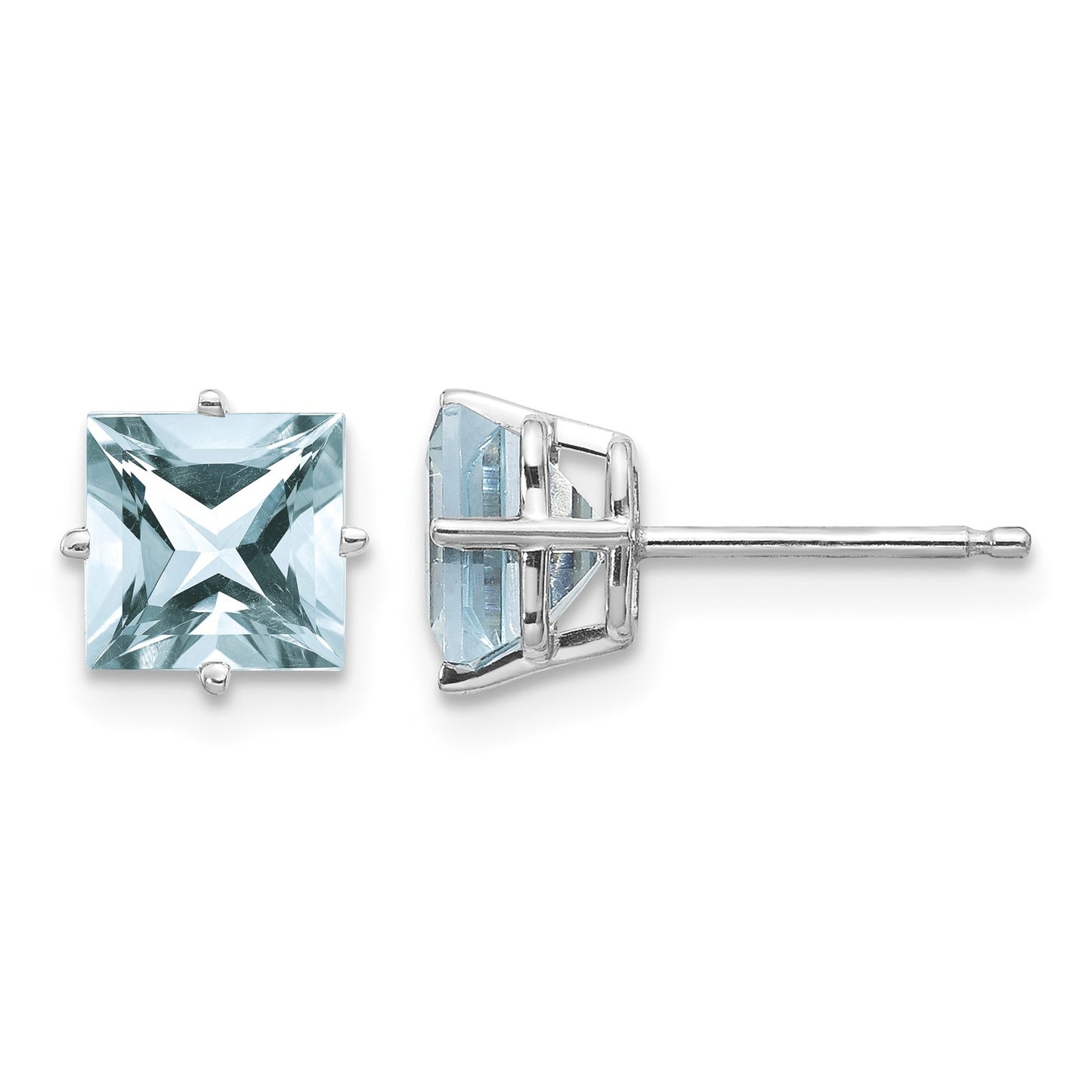 14k White Gold 5mm Princess Aquamarine Post Earrings