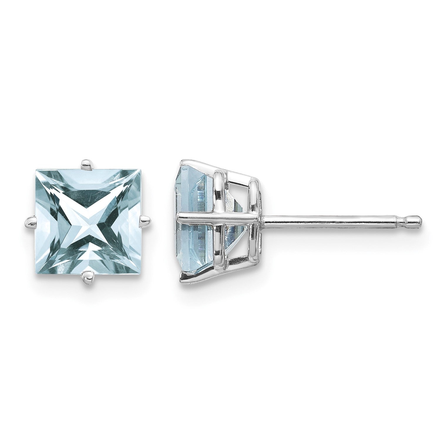 14k White Gold 5mm Princess Aquamarine Post Earrings