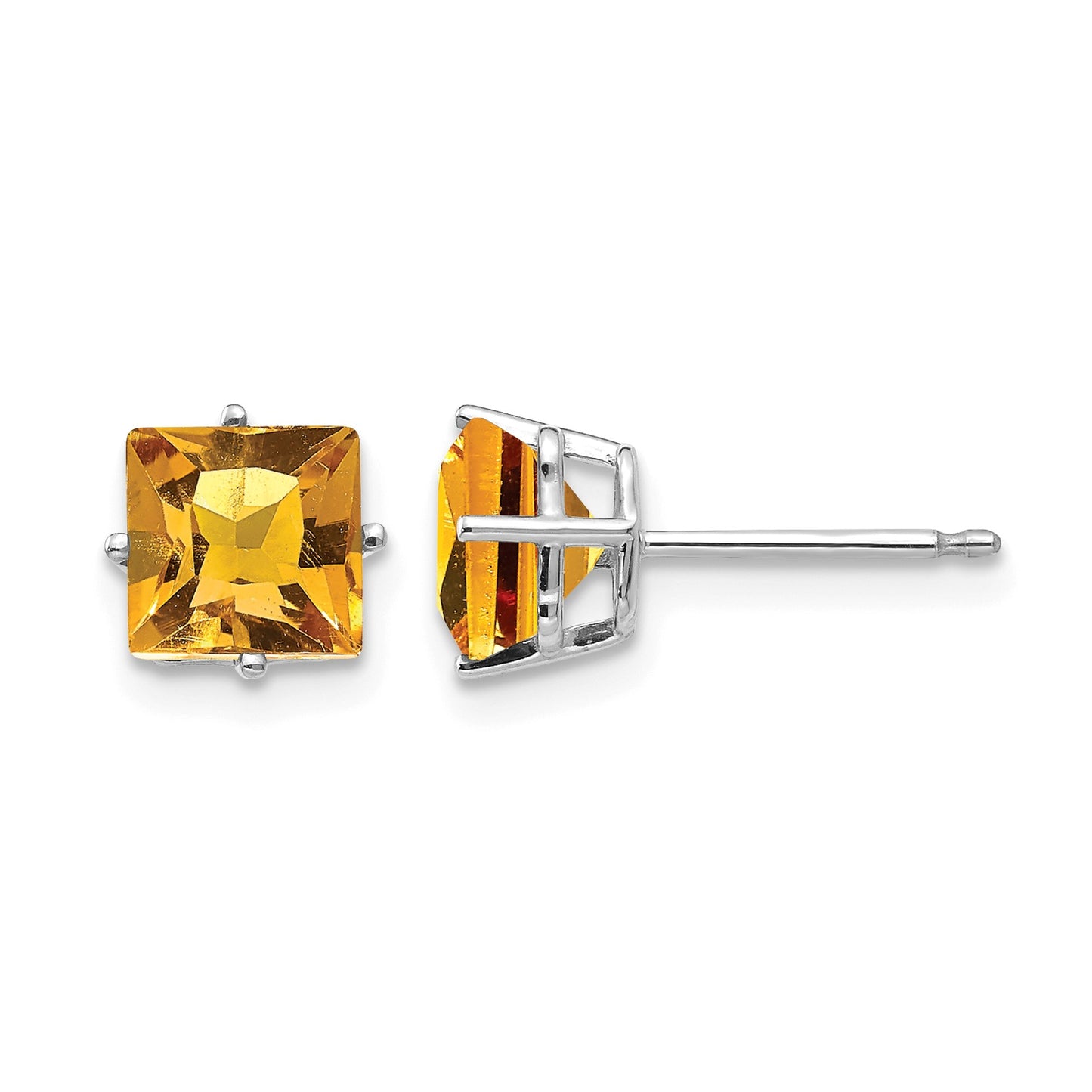 14k White Gold 6mm Princess-cut Citrine Post Earrings