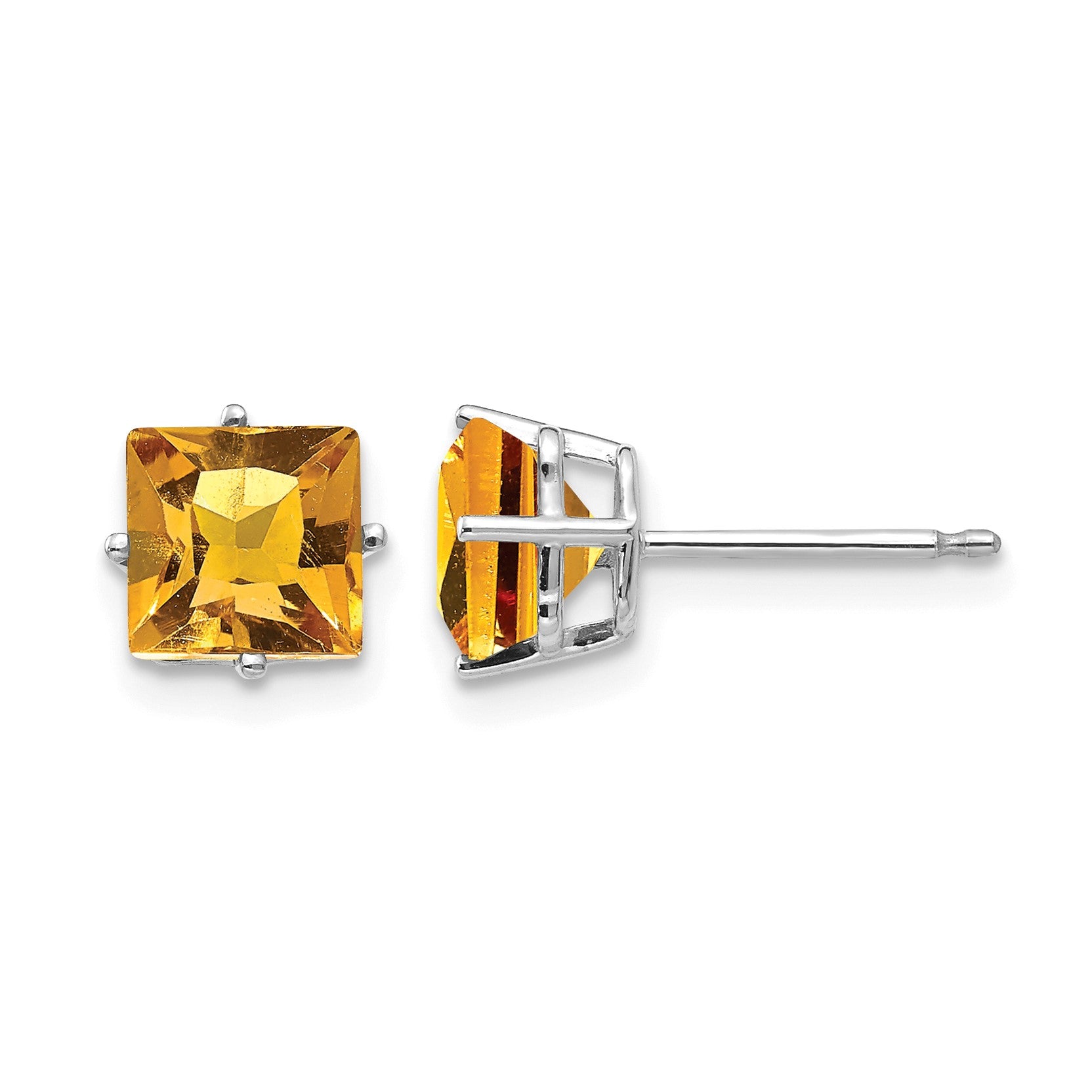 14k White Gold 6mm Princess-cut Citrine Post Earrings